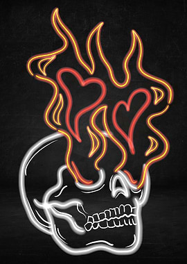 Skull with Heart Flames Neon Art