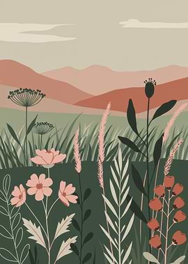 Floral Meadow Landscape Illustration