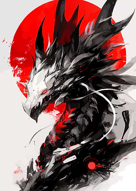 Dragon with Red Sun Digital Art