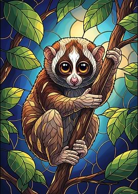 Cute Loris on Branch Stained Glass