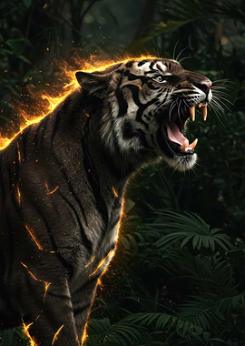 Fiery Tiger Roaring in Jungle
