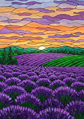 Lavender Field at Sunset Stained Glass