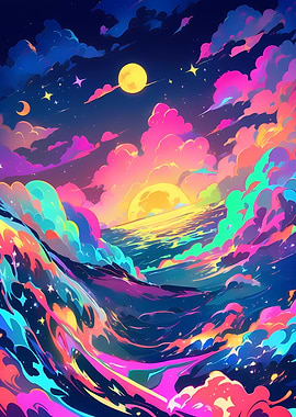 Colorful Dreamscape with Moon and Stars
