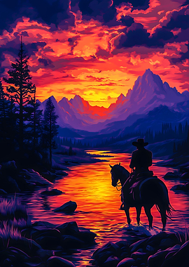 Cowboy and Horse at Sunset River