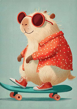 Capybara on Skateboard with Sunglasses