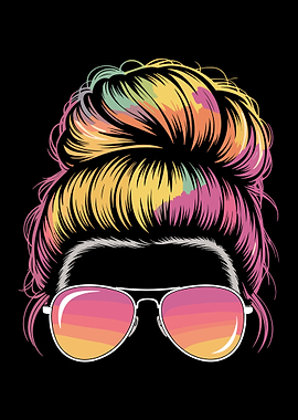 Messy Bun with Sunglasses Groovy Tie-Dye Girl Retro Vibes