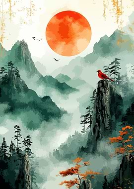 Mountain Landscape with Bird and Sun