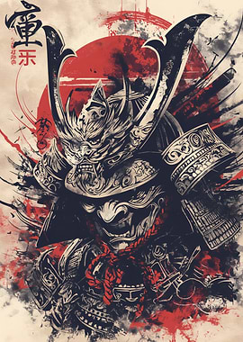 Samurai Warrior Illustration with Red Sun