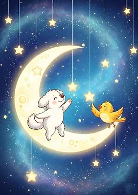 Dog Bird Moon Cartoon