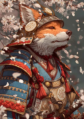 Fox Samurai in Cherry Blossom Setting