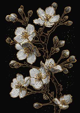Cherry Blossom Branch Gold and White