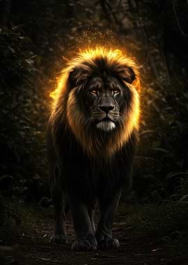 Lion with Fiery Mane in Forest