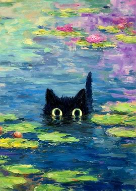 Black Cat in Lily Pond Painting