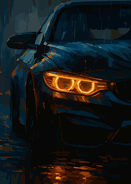 Blue Car in the Rain Painting