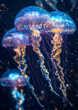 Glowing Jellyfish in Deep Blue Sea