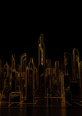 Futuristic Cityscape with Golden Outlines