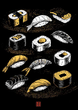 Sushi Assortment Illustration on Black Background