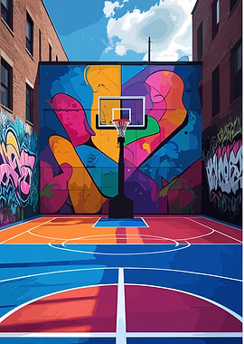 Urban Basketball Court with Graffiti Art