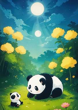 Panda Family Floral Meadow