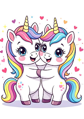 Two Cute Unicorns Hugging Cartoon