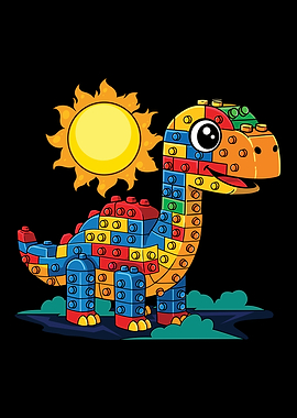 Cartoon Dinosaur Made of Building Blocks