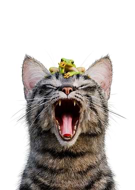 Yawning Cat with Frog on Head