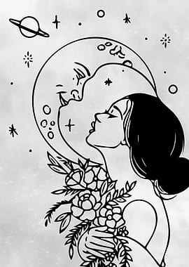 Celestial Woman with Moon and Flowers