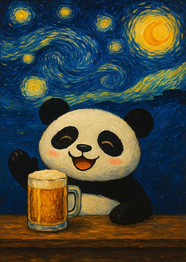Panda with Beer in Starry Night