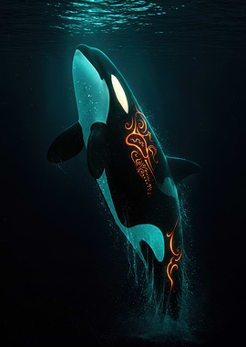 Orca with Tribal Markings in Deep Sea
