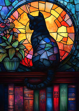 Stained Glass Cat on Bookshelf