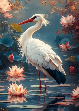 Stork in Lotus Pond