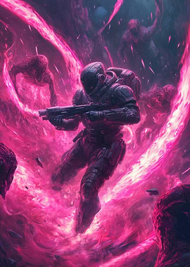 Futuristic Soldier in Pink Nebula Against Hell Dwellers