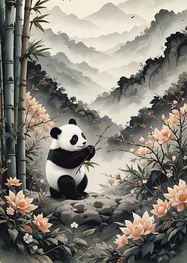 Panda Mountainous Floral Landscape