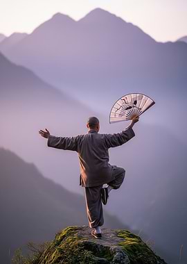 Shaolin Monk with Fan in Mountains