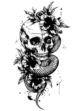 Skull, Snake, and Flowers Illustration