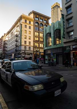 Police car in urban city setting