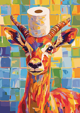 Colorful Antelope with Toilet Paper Hat