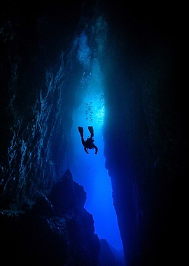 Deep Sea Diver in Underwater Cave