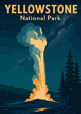 Yellowstone National Park Vintage Poster – Old Faithful Geyser Night Sky Wall Art