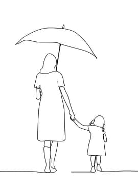 Mother and Child Under Umbrella Minimalist Line Art