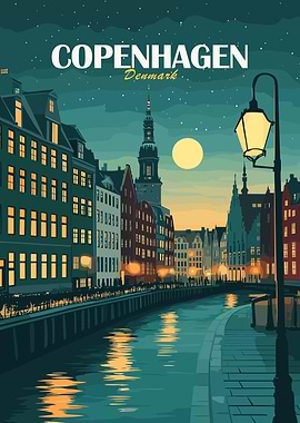 Copenhagen, Denmark Cityscape at Night