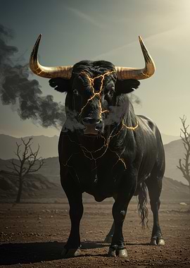 Powerful Black Bull with Golden Cracks