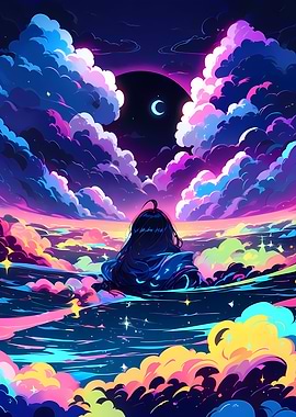 Dreamy Nightscape with Figure and Moon