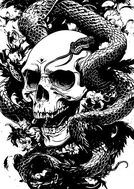 Skull and Snake Black and White Art