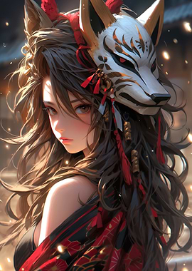 Anime Samurai Warrior Girl with Kitsune Mask
