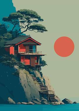 Japanese House on Cliff with Sunset
