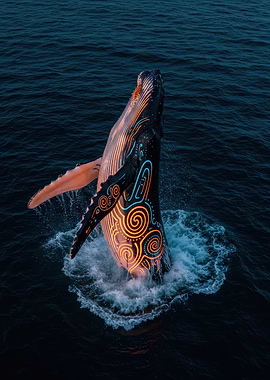 Glowing Whale Breaching Dark Ocean