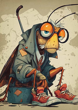 Cartoon Insect Detective with Red Shoes