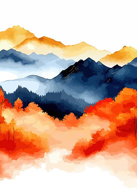 Watercolor Mountain Landscape with Autumn Trees