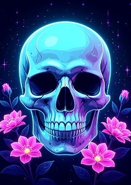 Neon Skull with Flowers